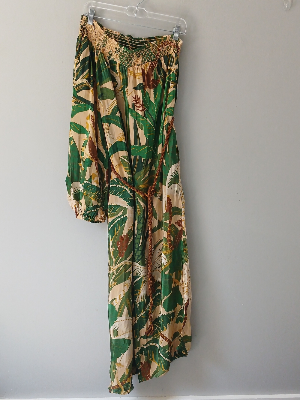 Farm Rio Women's Size Large One-Sleeve Printed Satin Crepe Jumpsuit Wide Leg